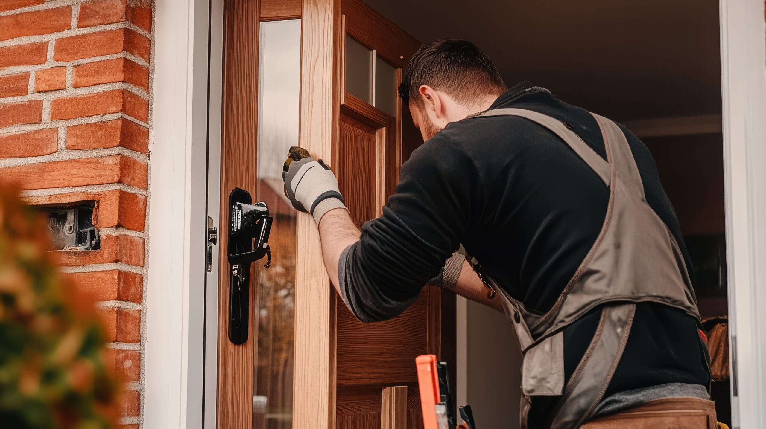 A worker installs a wooden door, focusing on the frame with tools in hand, ensuring proper alignment