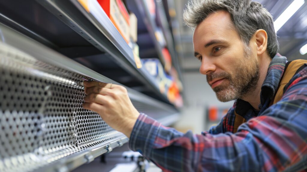 gutter installation choices A homeowner selecting different types of gutter guards and accessories at a home improvement store,